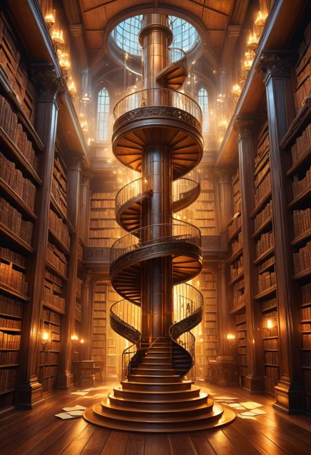 Mystical digital artwork of enchanted library tower interior with floating books and magical energy streams spiraling upward through multiple levels. Warm golden light from magical sources, rich wooden textures and leather-bound tomes. Professional game concept art quality with detailed architectural elements, vertical composition emphasizing tower height and magical atmosphere.