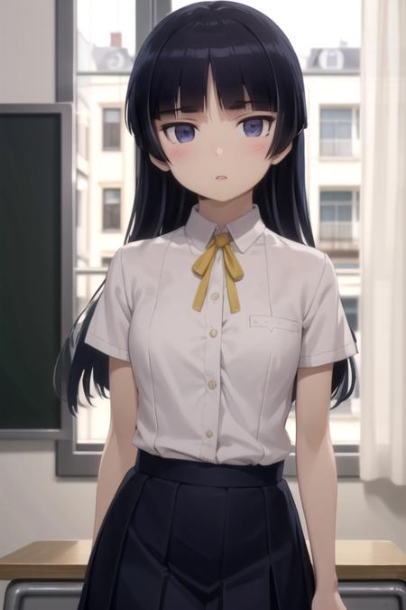 (extremely detailed CG unity 8k wallpaper), (masterpiece), (best quality), (ultra-detailed), (best illustration), (best shadow), (absurdres), 1girl, solo, <lora:ruri:0.8>, ruri gokou, school uniform, looking at viewer, parted lips, classroom