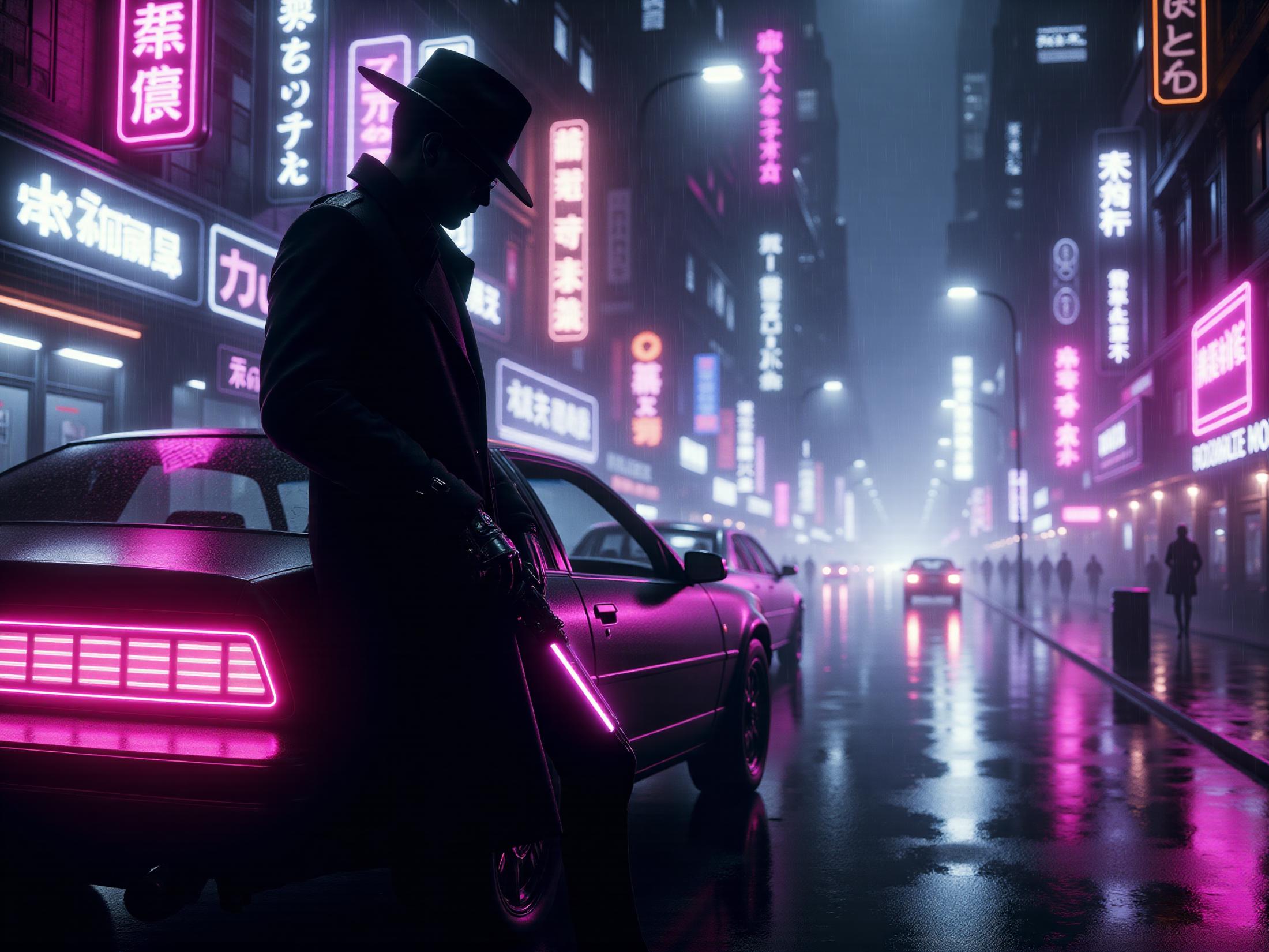 man in trenchcoat leaning against a car holding a rilfe in a futuristic city, cybernetic implants , hologram, neon signs, cyberpunk, (heavy rain:1.2), mad-neon-noir <lora:Neon_Noir_FLUX:0.8>