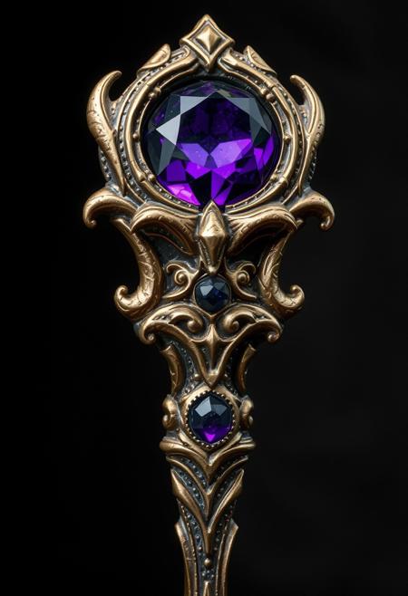 A Highly Detailed Ancient Scary Looking Scepter With A Dark Purple Gem embedded in it