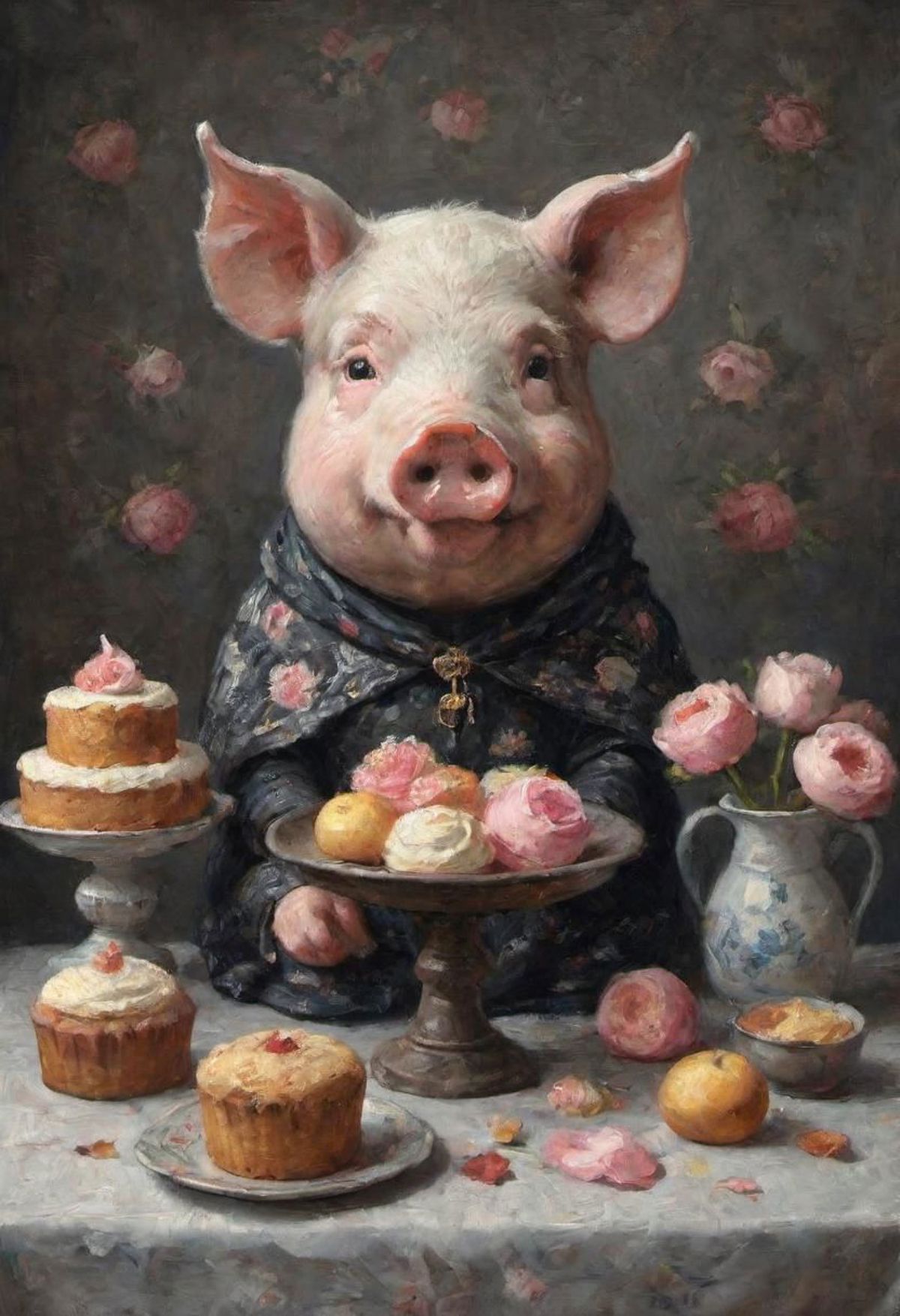 Artistic painting of a pig wearing a black dress and holding a tray of cakes and pastries.