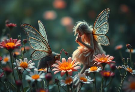 the flower find,surreal pixie horror, narrative weaving,Captivating narrative, epic fantasy, distorted reality, intricate relationships