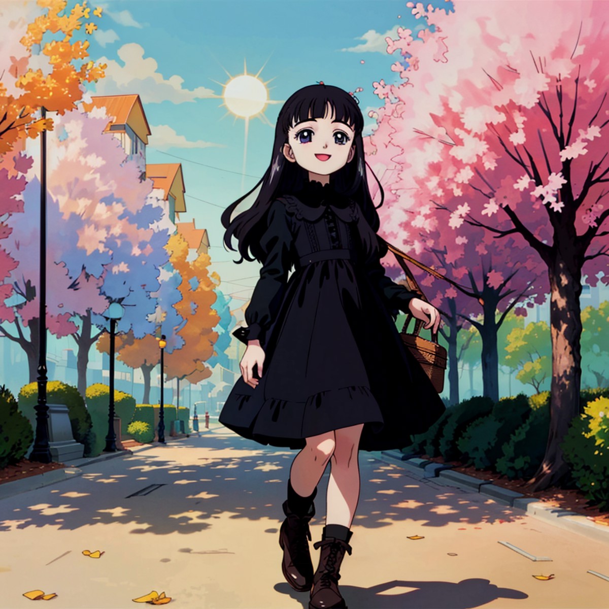 (RAW picture), 1girl, daidouji_tomoyo with black eyes, wearing (black laced dress), happy, at the parc, full body, soft sm...