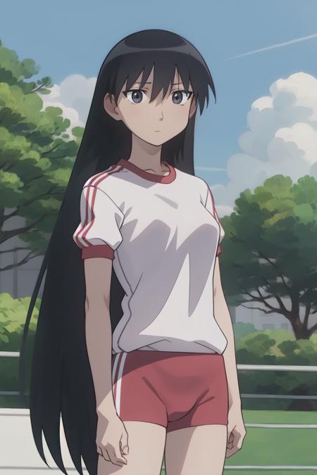 masterpiece, best quality, highres, sazumanga, grey eyes, very long hair, white shirt, outdoors, sky, day, tree, expressionless, gym uniform, bloomers, cowboy shot, expressionless<lora:Sakaki-05:0.9>