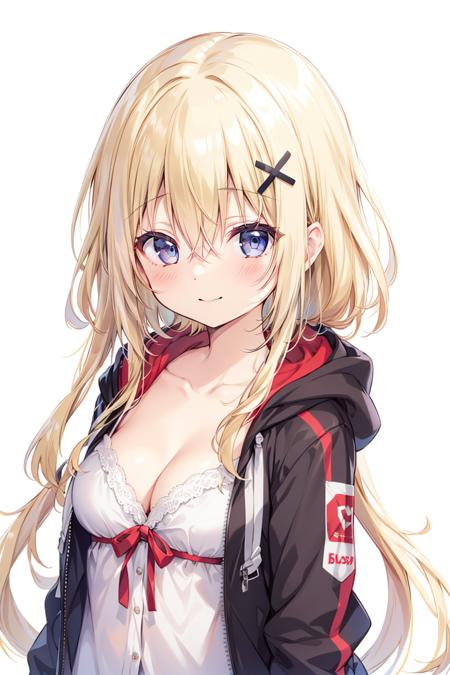 jibie, xingbailieche, 1girl, solo, hood, breasts, blonde_hair, hooded_jacket, black_jacket, jacket, long_hair, hood_down, smile, hair_between_eyes, white_background, blush, upper_body, simple_background, closed_mouth, open_clothes, blue_eyes, hair_ornament, open_jacket, collarbone, hair_ribbon, cleavage, bangs, ribbon ,<lora:super-noir-v1:1>