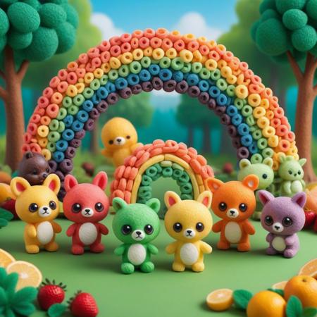 score_9, score_8_up, score_7_up, rainbow colors, chibi animals, made of fruit loops animals, made of fruit loops, cute design, 
forest background,