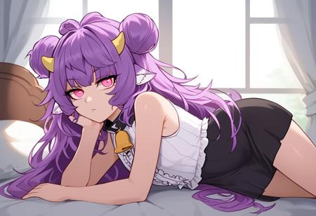 Muu_Muyu, purple hair, long hair, hair bun, animal ears, double bun, horns, very long hair, pink eyes, bangs, messy hair neck bell, white shirt, sleeveless shirt, black skirt, lab coat, off shoulder, ribbed shirt, frills