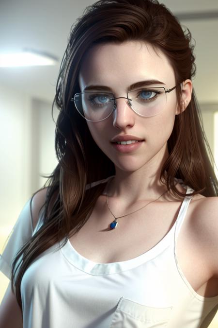 female facial focus, headshot, portrait, looking at viewer, parted lips, teeth,
margaq, 1girl, pale skin, long hair, glasses, lips, necklace, wifebeater undershirt, 
indoors, medical techbase, depth of field
realistic, volumetric lighting
<lora:Margaret_Qualley_v1-03:0.85>