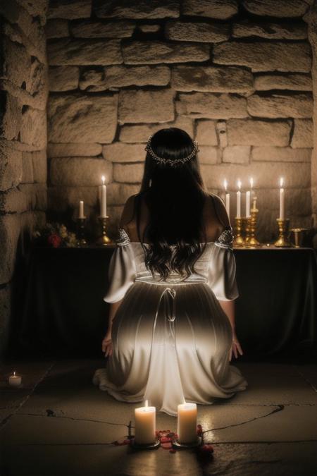 RAW photo, 8k uhd, dslr, high quality, ultra-realistic, realistic, realism, film grain, Fujifilm XT3.
View from behind, dark gothic-room lit by candles•ancient stone alter•(golden chalice)•(blood spilling out).
1woman wearing a (satin white dress)•voluptuous body•kneeling•worshiping