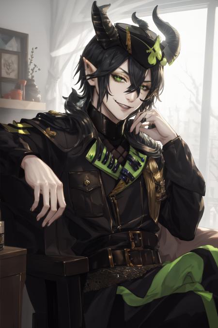 1boy, bangs, belt, black belt, black hair, black nails, braid, fingernails, green eyes, green nails, hair between eyes, horns, indoors, jacket, long sleeves, looking at viewer, nail polish, pointy ears, smile, solo, uniform