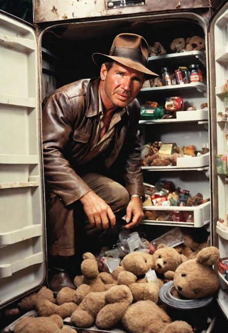 Harrison Ford as Indiana Jones, looking for lost teddy bear in an old broken Fridge with rotten food.