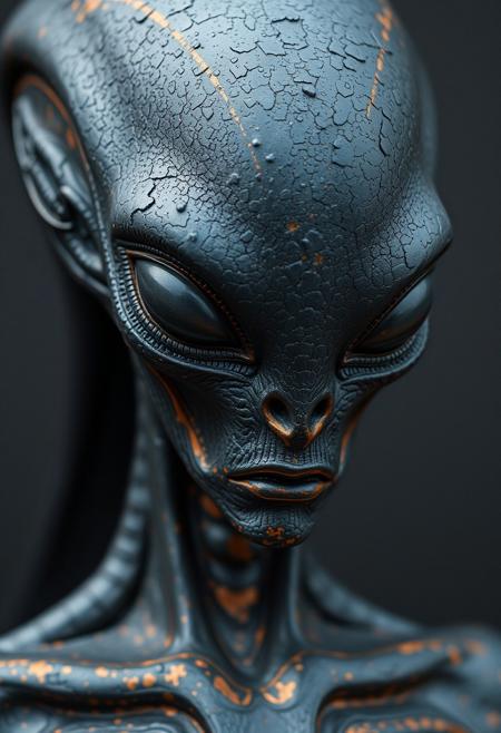 alien, in the style of textured photography, dark gray and bronze, online sculpture, naoto hattori, jeremy lipking, dark sky-blue and orange, intense close-ups