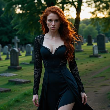 RAW full body analogue photo of a beautiful 25 years old woman, clear focus, high resolution image, (Face of (:0.4) and (:0.4)), red hair, ginger hair, auburn hair,In the forsaken graveyard, under the ghostly pallor of the moon, a stunning girl, her makeup running like tears, haunted the graves. Her once-alluring outfit now hung in tatters, mirroring her forlorn beauty. Shadowy apparitions emerged from the tombstones, drawn to her melancholic aura. She was a mournful specter herself, trapped in an endless, macabre lamentation.,,low light, soft natural light, Rembrandt style light, Hasselblad DLSR camera, 200mm Zeiss lens, f/2.8, ,Sexy pose, erotic pose, exhibitionism ,Peaceful meadow