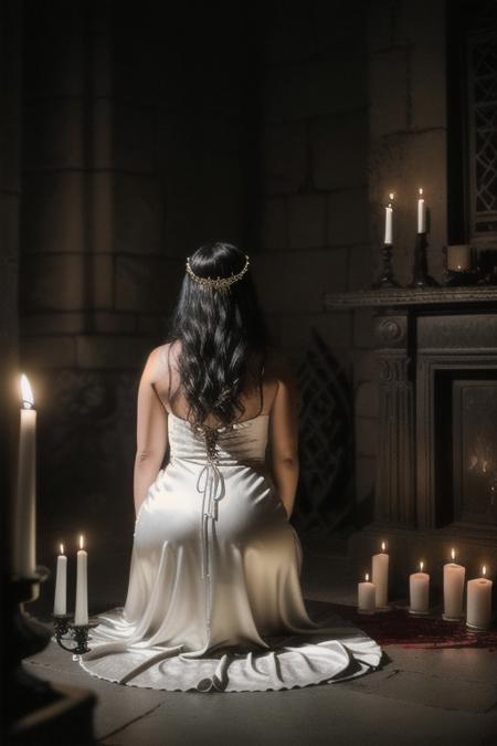 RAW photo, 8k uhd, dslr, high quality, ultra-realistic, realistic, realism, film grain, Fujifilm XT3.
View from behind, dark gothic-room lit by candles•ancient stone alter•(golden chalice)•(blood spilling out).
1woman wearing a (satin white dress)•voluptuous body•kneeling•worshiping