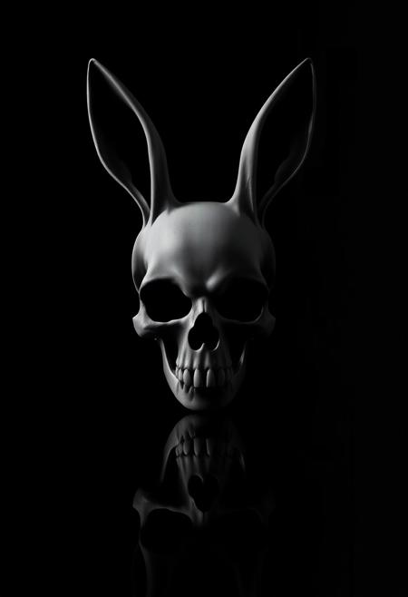 A white skull with rabbit ears on a black background in the style of a game icon. highly detailed and hyper realistic photo, by Alena Aenami , by Archibald Thorburn , by Daniele Afferni ,  in the style of  monochromatic silhouette reflection,  limited dark palette, unusual dark colors, faded colors, atmospheric haze, highly dramatic cinematic lighting, motion blur, film grain,  professional, excellent composition, finest details, maximized details, ultimate detail level, masterpiece, best quality