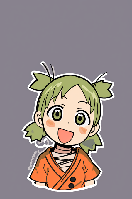 masterpiece, beautiful, (portrait), (upper body), 1girl, yotsuba, green eyes, green hair, quad tails, :d, emoji, simple background, outline, white outline, thick lineart <hypernet:Toru8pWavenChibi_wavenchibiV10a:0.8> <lora:YotsubaKoiwai:1>