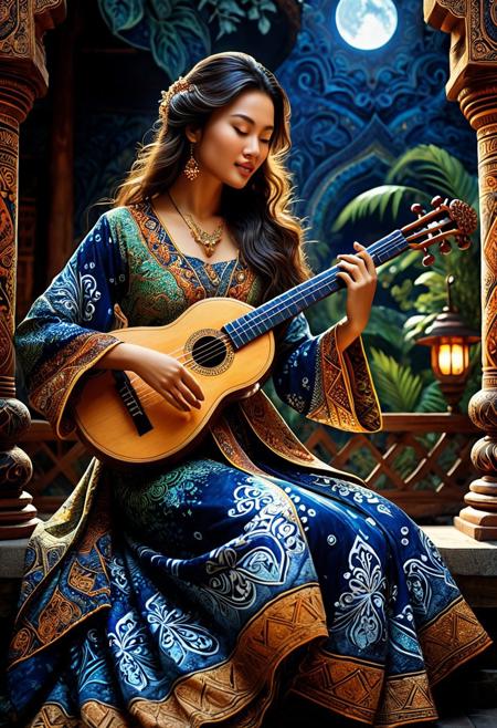 Concept: Indonesian Batik style, traditional patterns, intricate details, harmonious blends, bold contrasts, bard, musician, full body, elegant, beautiful, unique, fantasy.
Core Elements: woman, bard, musical instrument, flowing clothing, detailed patterns, traditional Batik motifs, light, ethereal.
Atmosphere/Mood: serene, mystical, tranquil, harmonious, enchanting, captivating, peaceful, artistic, inspiring.
Setting Details: stylized, ancient temple courtyard, lush garden, or a moonlit stage. Soft ethereal light.
Central Figure Details: woman bard, full body. Wears flowing, elegant attire, intricate Batik patterns. Her skin subtly integrates with fine Batik designs, mimicking the texture of wax-resist fabric. Long flowing hair, stylized Batik motifs. Hollding a lute, detailed Batik patterns, glowing softly. Her pose is graceful, artistic and magical presence.
Lighting: soft, ethereal light, highlights on patterned clothing and skin, subtle shadows, luminous glow.
Composition: full body shot, eye-level, dynamic or serene pose, shallow depth of field, centered figure, artistic framing, detailed.
Color Palette: rich indigo blues, warm browns, deep creams, golden yellows, earthy greens;  contrasts created by dark outlines against lighter fills. Earthy, natural, vibrant, luminous.
Quality: photorealistic, ultra detailed, intricate patterns, wax-resist texture, fabric-like quality, cinematic atmosphere, hyperrealistic, artistic, character design, fantasy, cultural art.