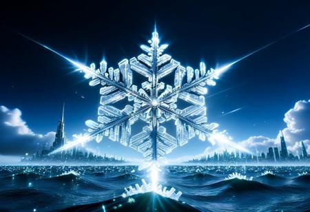 a ship, in the ocean, clouds, a futuristic city in the distance, motion, codeandigital,, c0dean0igital,, cyberw0rlds, neon glowing, motion blur, sun lights, matrix, snowflake, snowflake strike, snowflake falling down the sky, huge snowflake, snowflake pattern, meteor strike, space_backround