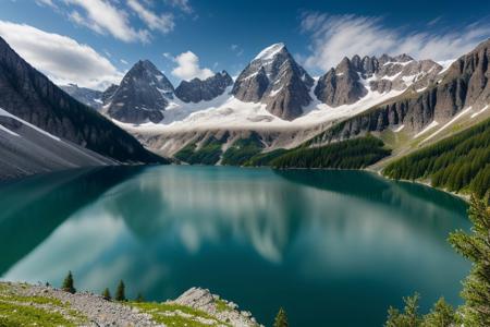 mountain, lake, clear water, best quality, alpine mountains, mountain village, photorealistic, realism,