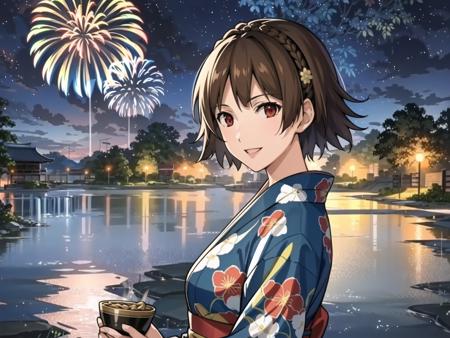 masterpiece, best quality, highres, extremely detailed CG unity 8k wallpaper,
illustration of  dsmakoto, short hair, crown braid, smiling, floral print yukata, festival, lake, cityscape, fireworks, night sky, detailed background
<lora:dsmakoto_e4:0.75>