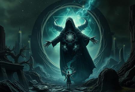 A universe inside a dark cloaked figure within mysterious landscape in an unfathomable realm of fantastic creation inhabited by ancient shadows of a forgotten time beyond the gate of the gateless gate where life is limitless, light is shadow and shadow is light, eerie sense, horror, spark of the beginning, existence and nonexistence at once, ethereal, outstretched arms, behold the end of the beginning, inglorious glory to the dark one, betrayal of the ancient order, beware the 7headed beast, destroyer of the old ways, bearer of the unbearable, nightmarish, archaic runes, tree aging backwards, breath of the gods, ruins of a place unimagined, extreme intricate detail, photorealistic, beyond epic scene, fate discarded, unseeable face of god, the end is the beginning, the beginning is the end, man arises as god dies, as above so below, as below so above, emerald tablet, thoth, guardian and saboteur of existence, hopeless hope, ghosts of the unborn, conception of the inconceivable, cosmic well of imperceptible perception, evil aura, infinite emptiness, pillars of void, overwhelming subtlety, abstract sacred geometry, beams of readiness without intention, gift of doom, despair of the ages, hidden secret warnings from dead gods, carved by the conductor of unholy loneliness of time incarnate, consumed by the night itself, beautiful tragedy of hellish discovery, unraveling mist of unreal reality