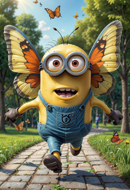caricature colored funny minion, True joy on his face, Glued his wings to his back, (Chasing a butterfly in city park:1.25), on smooth paper, thinnest penciled drawn lines hatching, short sharp focus, vanishing point, vignetting, masterpice by (sorserob:1.36), best quality, 4k textures, ultra detailed