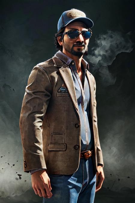 1boy,  solo,  Ace Visconti,  Dead By Dayligh,  Argentinian of Italian descent,  gambler,  grey-streaked hair,  facial hair,  sunglasses,  (cap),  damask print shirt,  classic jacket,  jeans,  mature,  manly,  masculine,  handsome,  charming,  alluring,  dashing,  smirk,  (standing),  (upper body in frame),  dark background,  fog,  dark atmosphere,  cinematic light,  perfect anatomy,  perfect proportions,  perfect perspective,  8k,  HQ,  (best quality:1.5,  hyperrealistic:1.5,  photorealistic:1.4,  madly detailed CG unity 8k wallpaper:1.5,  masterpiece:1.3,  madly detailed photo:1.2),  (hyper-realistic lifelike texture:1.4,  realistic eyes:1.2),  picture-perfect face,  perfect eye pupil,  detailed eyes,  realistic,  HD,  UHD,  portrait,  looking outside frame,  side view,  dynamic,  cinematic,  floating poker cards, best quality,<lora:EMS-269078-EMS:0.800000>