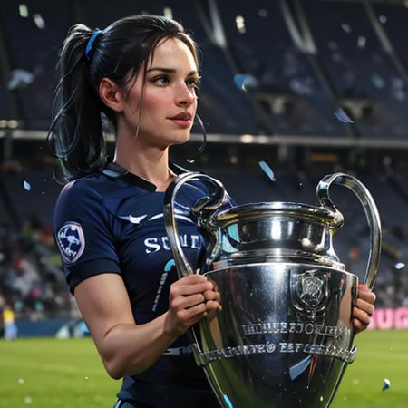 <lora:championsleague:0.75>, a woman with soccer jersey is holding a handled trophy with black and blue ribbons in her hands on a field of grass with a crowd watching from the stands, (blue confetti:1.3)