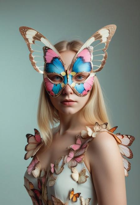 8k, Raw digital photo, portrait of a woman wearing a delicate butterfly-shaped mask, expressionless face, blonde hair, wearing a Elegant dress, soft lighting, simple background, butterfly wings subtly integrated into the mask, focus on face, Full Colour, 80mm, minimalist,