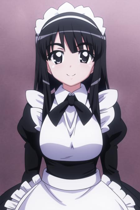 maid, transparent background, maid headdress, apron, solo, maid apron, 1girl, white apron, long sleeves, black hair, juliet sleeves, frilled apron, puffy sleeves, smile, looking at viewer, enmaided, black eyes, upper body, dress, eyebrows visible through hair, black dress,  <lora:zntstyle:1>