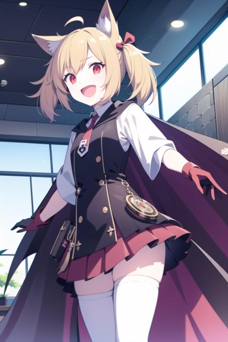 solo, 1girl, cowboy shot, open mouth, happy, <lora:sora_v4NAI-000012:1>, sora, red eyes, white shirt, red necktie, pleated skirt, red skirt, black dress, black vest, black gloves, cape, white thighhighs