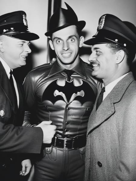 <lyco:Weegee:1.0> batman arrested by police in 1954, candid photo, in the style of weegee