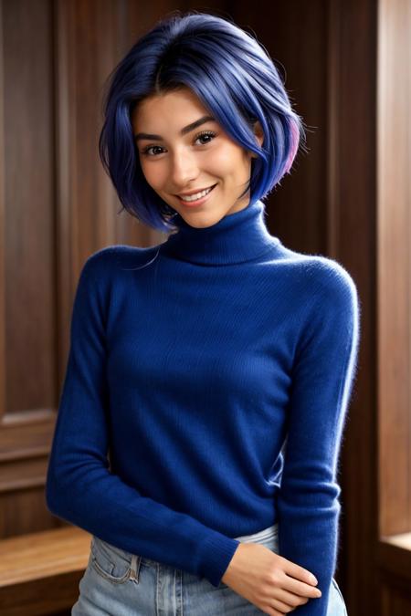 upper body photo of <lora:AdrianaCallori_v1:.9> AdrianaCallori, focus on smiling face, wearing a turtleneck , her cobalt blue color hair is styled as medium shag hair,