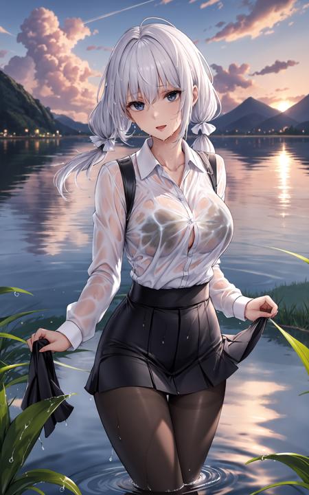 (masterpiece:1),(best quality:1),
(1girl),solo,dress,mini skirt,white hair,shiny hair,shiny skin,floating hair,pantyhose,white shirt,wet, twintails, 
outdoors,lake,water wave,sunset,cloud,