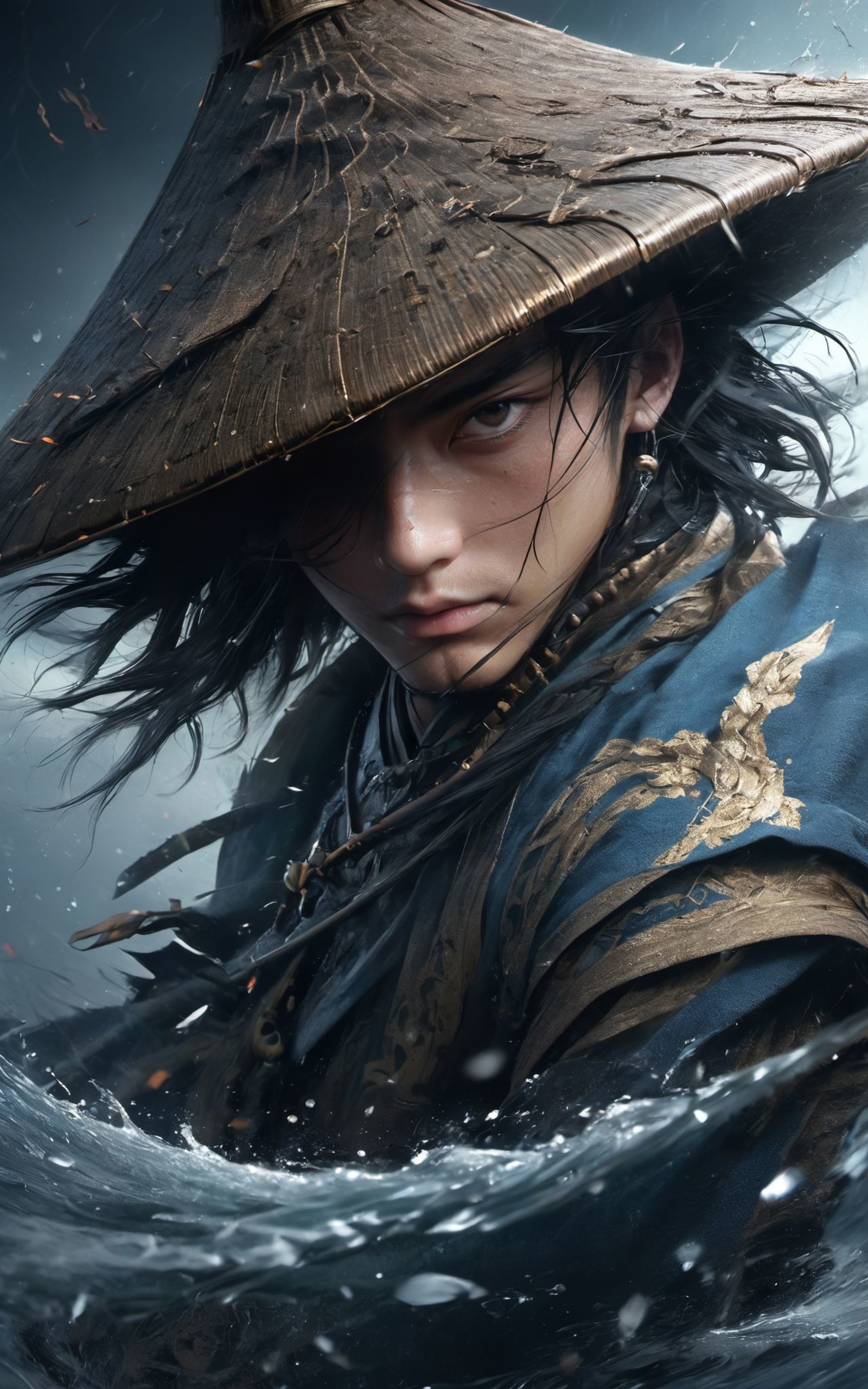 XUER martial arts style,1boy,solo,long hair,looking at viewer,black hair,jewelry,bamboo hat,closed mouth,weapon,water,neck...