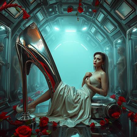 tall slender elegant slavic femme fatal  lays in giant high heel foil shoe ,  under dimension portal to another galaxy , dressed in sexy glossy satin side slit 1920s nightgown , long veil, pefect legs in lace trim stockings and d'orsay high heels, small feets, alien spaceship chamber, surrounded by beauty models encased in  hi-tech stasis tubes at background,  fog, mirrors, hi-tech, sci-fi, scifi, mind control, steel, foil, hypno, romance,  lipstick, long hair, heavy makeup,  red nails, long hair, green eyes, sharp cheekbones, ultra thin waist , seductive, feminine, mysterious, alluring, vines, poison red flowers