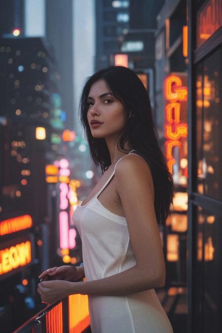 In a low-key style with the grainy texture of expired film, the photo offers a close-up view from above of a photo-realistic close-up medium shot of a beautiful girl's figure standing tall in front of large windows in a tall building, depicted in full body, gently cradling a perfumed bottle. The attention to detail captures every nuance of the subject's features and attire, creating a lifelike representation that almost breathes with realism. Against the backdrop of vibrant, full-color, saturated neon city lights, the scene comes alive with a plethora of hues and tones, infusing warmth and urban energy. The subject's expression exudes a sense of calm amidst the bustling cityscape. Bathed in the dim neon-colored light of the blacked-out large window showcasing the city's glowing neon signs, the scene is a captivating mix of dramatic shadows, heightened by a subtle rim light tracing along her silhouette, and accentuated by a soft hair light adding dimension and allure to her hair strands.