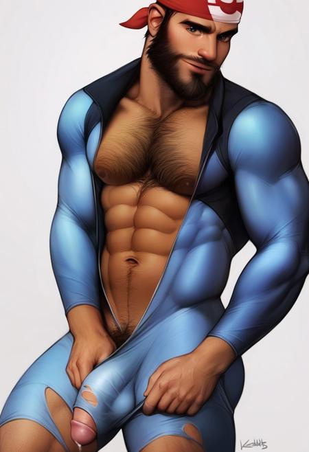 score_9, score_8_up, score_7_up, score_6_up, score_5_up, score_4_up, archie \(pokemon\), pokemon, pokemon oras, 1boy, abs, bandana, bara, bare pectorals, beard, black hair, blue bodysuit, bodysuit, bulge, chest hair, cowboy shot, cum, cum in clothes, cum through clothes, dark-skinned male, dark skin, erection, erection under clothes, facial hair, hairy, large pectorals, male focus, male pubic hair, mature male, muscular, muscular male, navel, navel hair, nipples, open bodysuit, open clothes, pectorals, penis, penis peek, pubic hair, realistic, short hair, simple background, skin tight, solo, thick thighs, thighs, torn bodysuit, torn clothes, undressing, white background <lora:rnarccus-Pony-XL-v6:1>