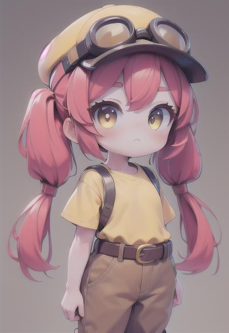 (masterpiece, best quality, hires, high resolution:1.1), ( intricate details, highres) , 1 girl ,yellow shirt, red hair, pigtails, long hair, yellow cap with goggles, brown pants  , arms , chibi , hat ,  bsjessie  , Belt  ,  <lora:last:0.8> ,