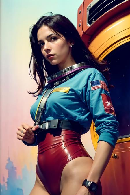 (masterpiece, top quality, best quality, extreme detailed, highest detailed, official art, beautiful and aesthetic:1.2), colorful, cowboy shot, beautiful face, solo, perfect body, 1girl, in space, spacecraft, spacesuit, sun rays, indoors, (wires and cables:1.1), (science fiction:1.2), porthole, illuminator, stars,fantasy, high contrast, ink strokes, explosions, over exposure, purple and red tone impression , abstract, ((watercolor painting by John Berkey and Jeremy Mann )) brush strokes, negative space,