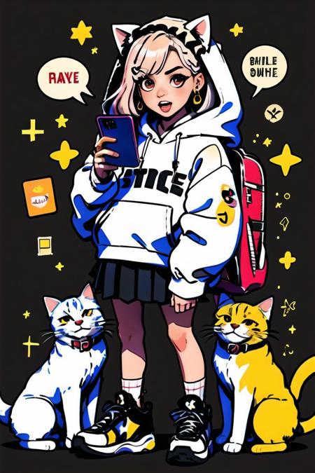 graffiti, 1girl, anger vein, animal, animal ears, animal hood, arrow \(symbol\), backpack, bag, bag charm, bangs, bird, black background, black cat, black hair, black legwear, black skirt, blue hoodie, brown hoodie, card, cat, cat ears, cat hood, cellphone, charm \(object\), chomusuke, crescent, cross, dog, drawstring, fake animal ears, fang, fox, grey hoodie, hair ornament, hairclip, hamster, handheld game console, holding, holding cat, holding phone, holding strap, hood, hood down, hood up, hooded jacket, hoodie, iphone, latin cross, long sleeves, looking at viewer, open mouth, pentagram, phone, pig, pink bag, pleated skirt, puffy long sleeves, puffy sleeves, red eyes, red hoodie, saint quartz \(fate\), school bag, shoes, shoulder bag, shuriken, skirt, sleeves past wrists, smartphone, smile, sneakers, socks, sparkle, spoken anger vein, spoken exclamation mark, standing, star \(symbol\), star earrings, star hair ornament, star pasties, star print, starfish, starry background, stuffed cat, taking picture, tarot, whiskers, white cat, white footwear, white hoodie, x hair ornament, yellow hoodie<lora:graffiti-bg-style-v1.0:1>