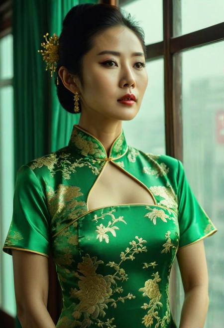 Wong Kar Wai movie texture, a beautiful Chinese woman wearing a sexy green and gold cheongsam, standing by the window, looking at you, movie texture, ultra high quality, 4K, outstanding, detailed