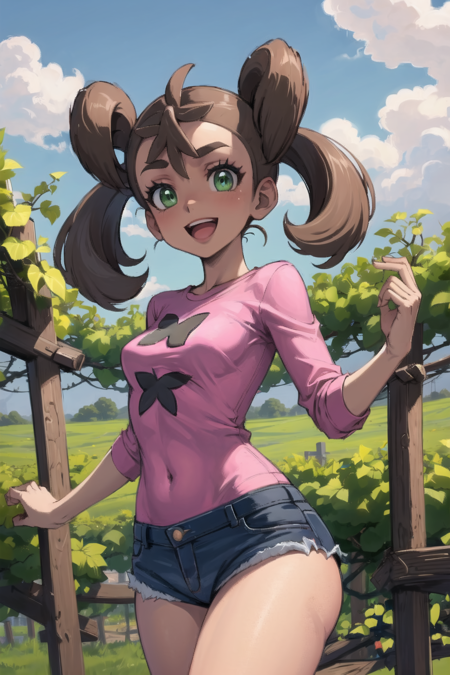 masterpiece, best quality, <lora:ShaunaLora-10:0.7>, shauna \(pokemon\), small breasts, pink shirt, denim shorts, :d, vineyard, grape vine, french countryside, green eyes,