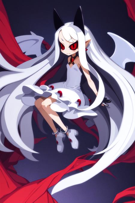 masterpiece, best_quality, 1girl, solo, white hair, red eyes, wings, white dress, black sclera, long hair, horns