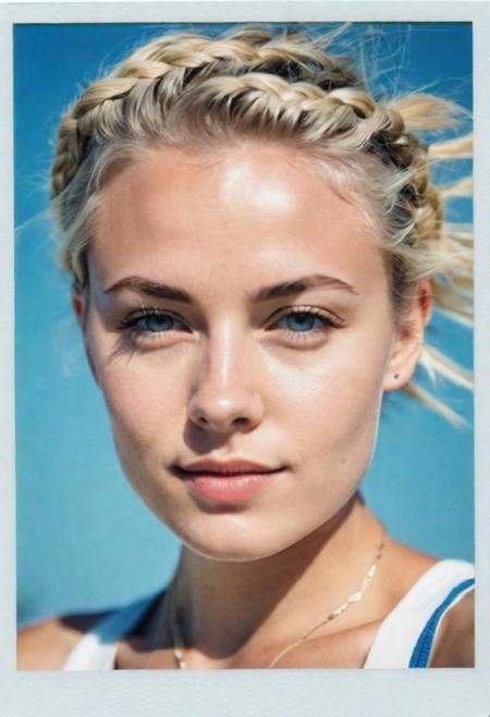 polaroid photograph Color i-Type Film, portrait, 1 girl, blonde, short hair with small braids, perfect eyes, pointed jaw, sky blue cropped tank top, white wall in the background, natural light.
