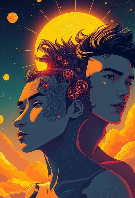 Illustration of 4 quintessential young men, residing in the realm of fantasy, their silhouettes traced out of trim wire and cutting-edge robotics and atomic particles , embodying an exotic and alien persona, adorned in radiant cosmic hues, their otherwise delicate skin bathed in a soothing wash of solar warmth exposing their intricate cellular construction beneath, their countenances acting as a dynamic muse, articulating a range of emotions through dramatic