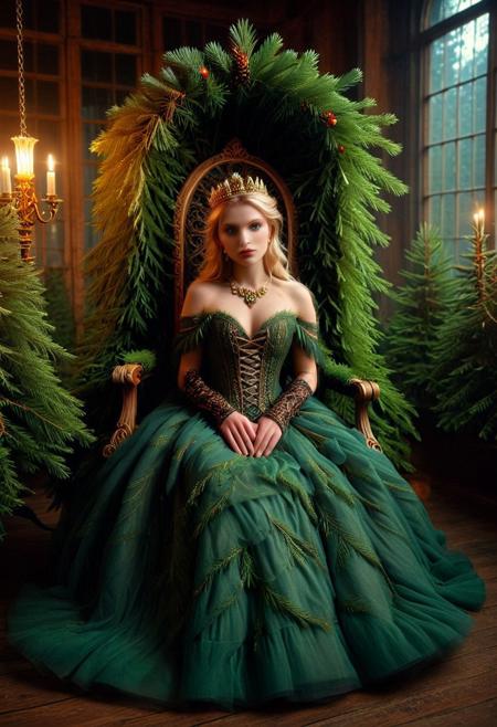 fp1 Wistful blonde model with romantic loose waves pulled into half-updo, captured in pensive seated pose on antique throne-like chair, wearing ballgown silhouette with corseted made out of fir needles bodice featuring intricate Victorian-inspired detailing, transitioning to voluminous skirt where fir needles are arranged in concentric circles creating hypnotic spiral effect. Garment is embellished with antique gold thread hand-stitched between needle arrangements, catching candlelight with subtle warmth. Accessories include opera-length gloves adorned with tiny fir sprigs, tiara of gold-dipped pine branches and amber cabochons, and delicate pine cone pendant on gold chain. Environment is abandoned Victorian greenhouse at night, moonlight streaming through broken glass ceiling panels, overgrown with wild plants reclaiming the space, surrounded by antique botanical specimens in dusty bell jars, numerous candelabras creating intimate golden glow, mood is hauntingly romantic with gothic undertones, photographic style is rich and painterly with chiaroscuro lighting.