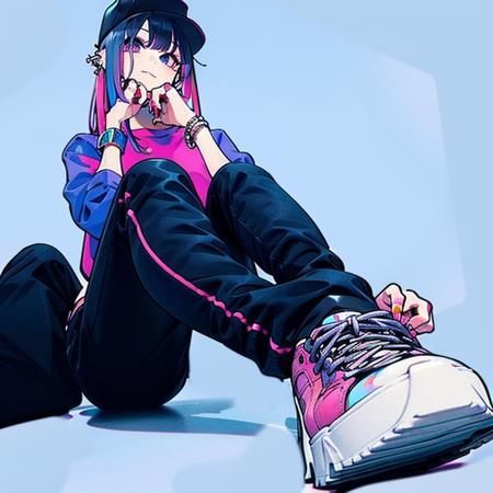 masterpiece, best quality, high quality, highres,Super perspective, solo, 1girl, hat, long hair, shoes, ring, jewelry, blue hair, pants, white background, ear piercing, sitting, black pants, simple background, shirt, piercing, sneakers, looking at viewer, earrings, white footwear, multicolored hair, long sleeves, black headwear, bangs, baseball cap, pink hair, closed mouth, knee up, blue eyes, two-tone hair, colored inner hair, hand on own face, full body, sleeves past wrists, smile, red nails, hand up, nail polish, multiple rings, purple eyes, head rest, bracelet, jacket, hand on own cheek, fingernails, hand on own chin, shadow<lora:superpers-000006:1>