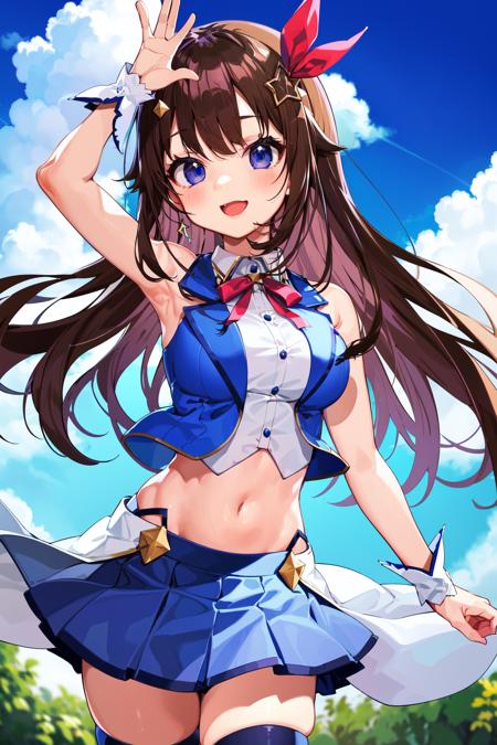 masterpiece, best quality, highres, 1girl, tokino sora, virtual youtuber, skirt, blue vest, shirt, long hair, red ribbon, blue eyes, ribbon, brown hair, sleeveless, cropped shirt, hair flaps, white shirt, hair ornament, sleeveless shirt, thighhighs, blue skirt,  pleated skirt, cropped vest, hair ribbon, vest, navel, blue thighhighs, midriff, miniskirt, wrist cuffs, star hair ornament, thigh ribbon, waist cape, collared shirt, hairclip, crop top, bangs, neck ribbon, leg ribbon, breasts, bare shoulders, <lora:tokino_sora_v2:0.6>, outdoors, waving,