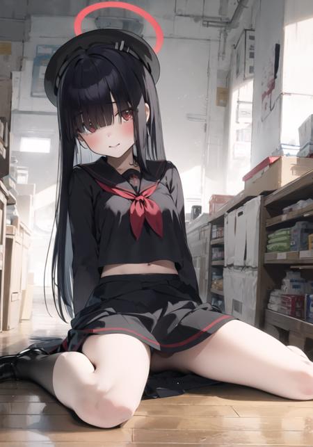 1girl,  solo, petite, mob-chan,
BREAK red_eyes, straight_hair, (very_long_hair), (blunt_bangs), (eyes visible through hair), medium_breasts, (blush), embarrassed, closed mouth, looking at viewer, light_smile,
BREAK black_socks, ((black_skirt)), ((sailor_collar)), black_footwear, (beret), black_hat, (halo:1.3), black_socks, hair_over_eyes,  black_hair, gloves, long_sleeves,  red neckerchief, pleated_skirt, loafers,  black_gloves,
BREAK (full_body), (wariza), sitting, on_ground,
BREAK wooden floor, sunshine, (tyndall_effect), (convenience_store),
((masterpiece)), (highres), (best_quality), (highly_detailed),  (original),(Delicate background),(extremely detailed 8K wallpaper),cinematic lighting, volume lighting, light particles, shaded_face, beautiful_detailed_eyes, depth_of_field, perspective,<<lora:Mob-chanAdvaned_0.5+Mob-chan_0.5:1:lbw=char>,<lora:ç¥ç§lora K:0.8>,